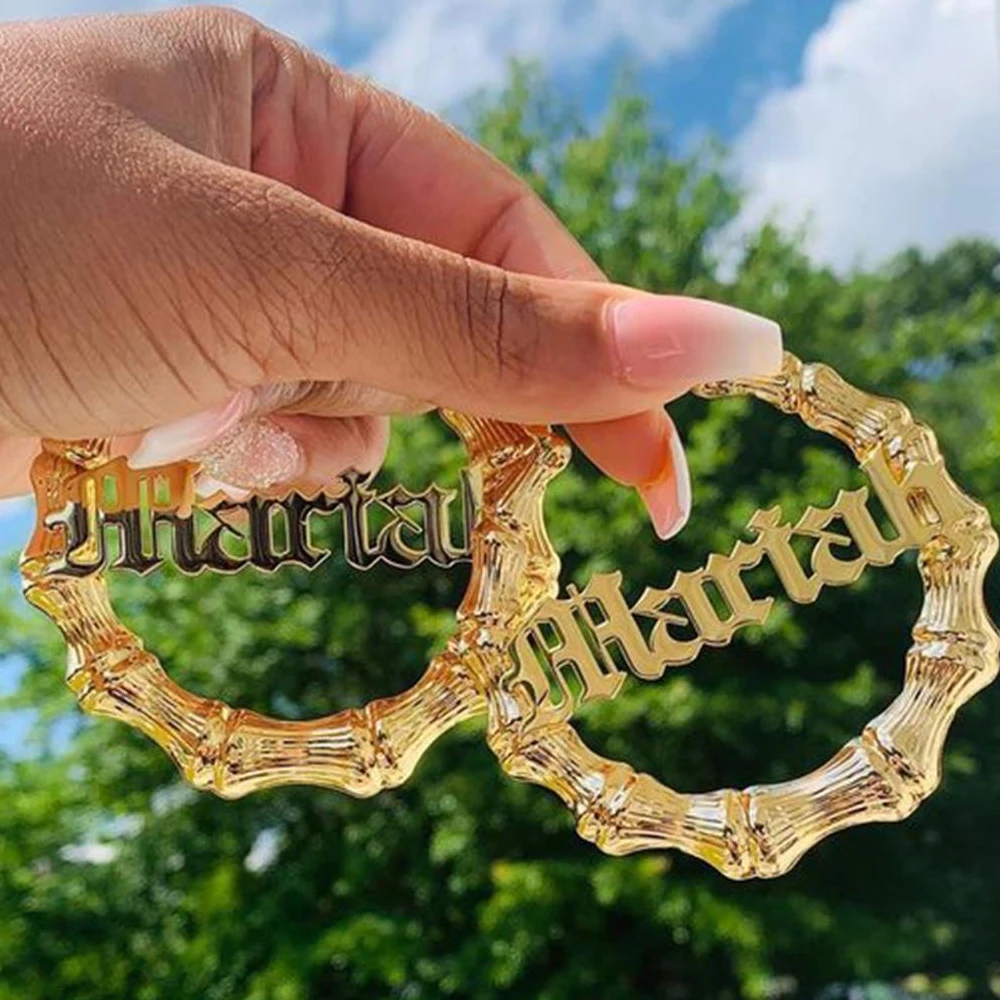 25mm-125mm Custom Bamboo Hoop Earrings Customize Name Earrings Bamboo Style Personality Earring With Statement Words Hiphop Sexy
