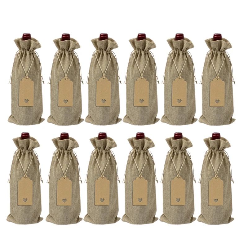 

12 Pieces Burlap Wine Bags Jute Wine Bottle Bags with Drawstrings Reusable Wine Gift Bags with Tags for Party Blind Tasting Birt