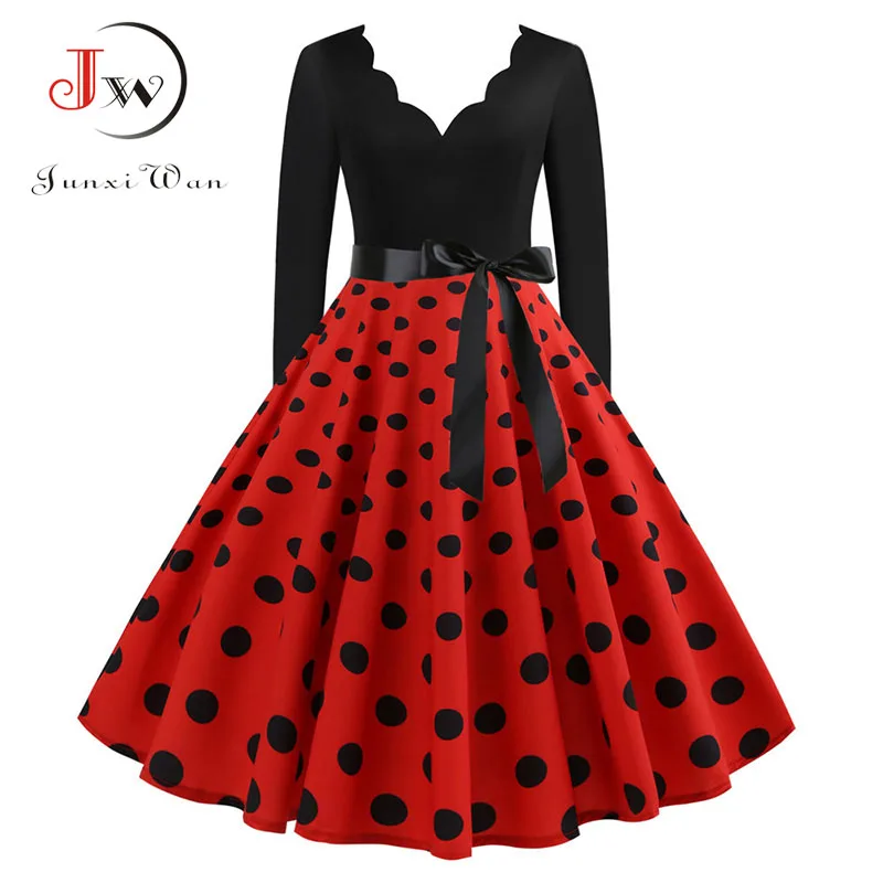 Women Long Sleeve Vintage Polka Dot Dress Pin Up Spring Autumn New Year Party Dresses 3XL Black Vestidos