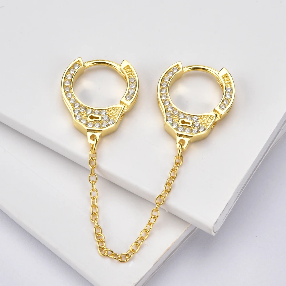 Kikichicc 925 Sterling Silver 8.5mm Handcuff Hoops Double Huggies Cuffs Chain Women CZ Zircon Earring Rock Punk Girl Jewelry