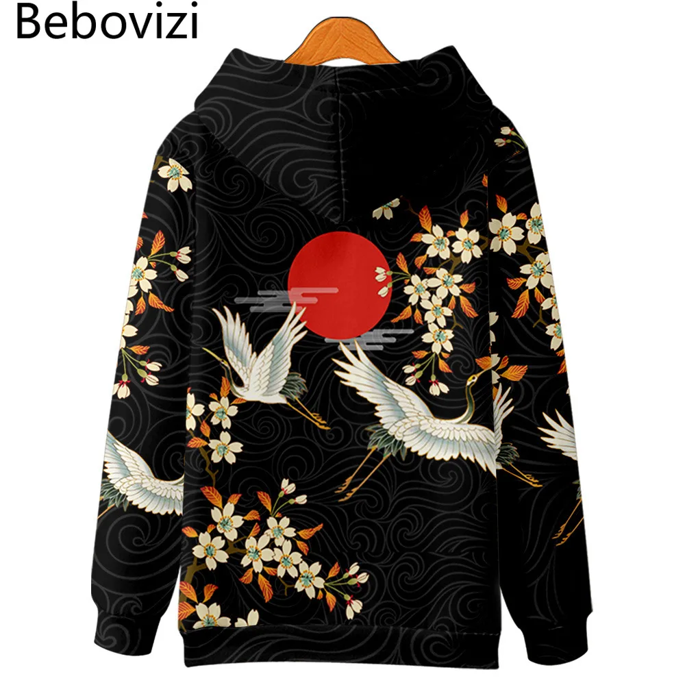 Harajuku Japanese Crane Flowers Print Hoodie Sweatshirt Casual Oversized Hooded Hoodie Hip Hop Pullover Women Men Clothing