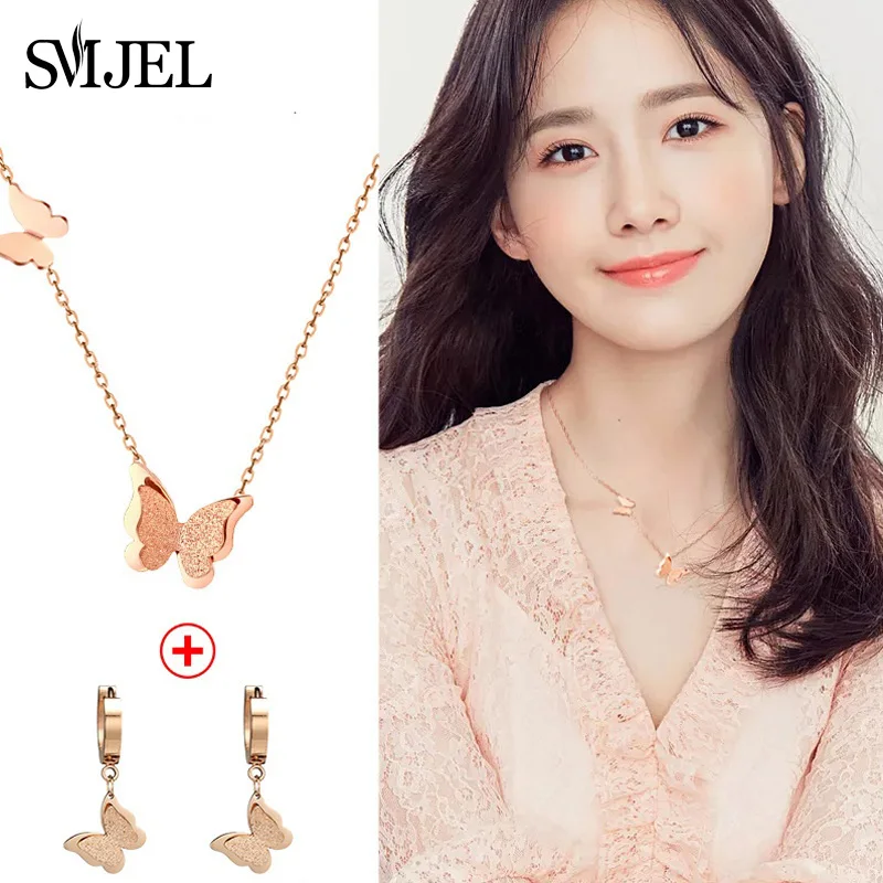 Luxury Stainless Steel Jewelry Sets Romantic Matte Butterfly Necklaces Earrings Animal Choker Wedding Bridal Accessories