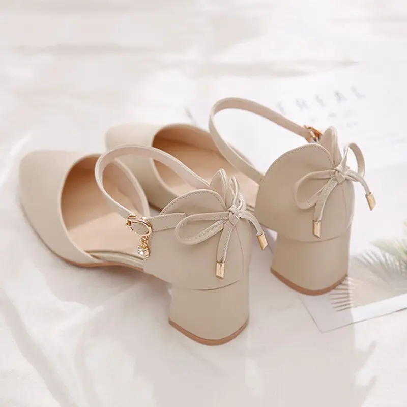 Bowtie High Heels Woman Pointed toe Single Shoes Women Pumps Ankle Strap Sandals Block Heel Footware for Office Lady Beige