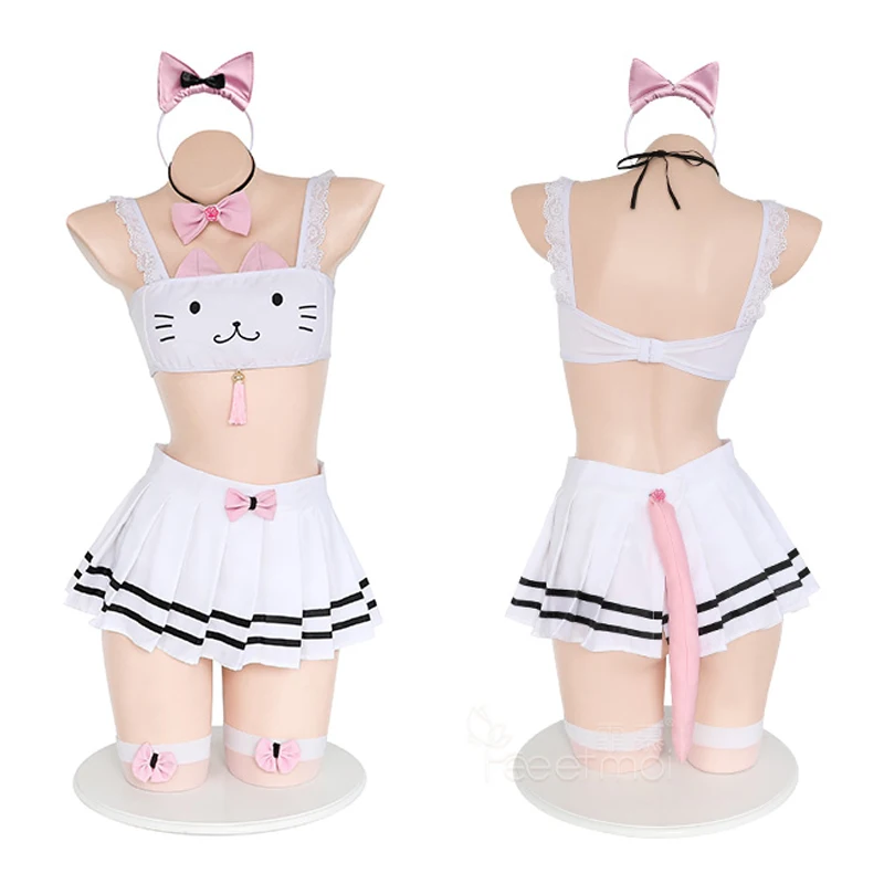 Leuke Meisjes Lolita Kant Kat Oren Ondergoed Set Schoolmeisje Uniform Neko Cosplay Lingerie Vrouwen Zomer Top En Rok Pak Kostuums