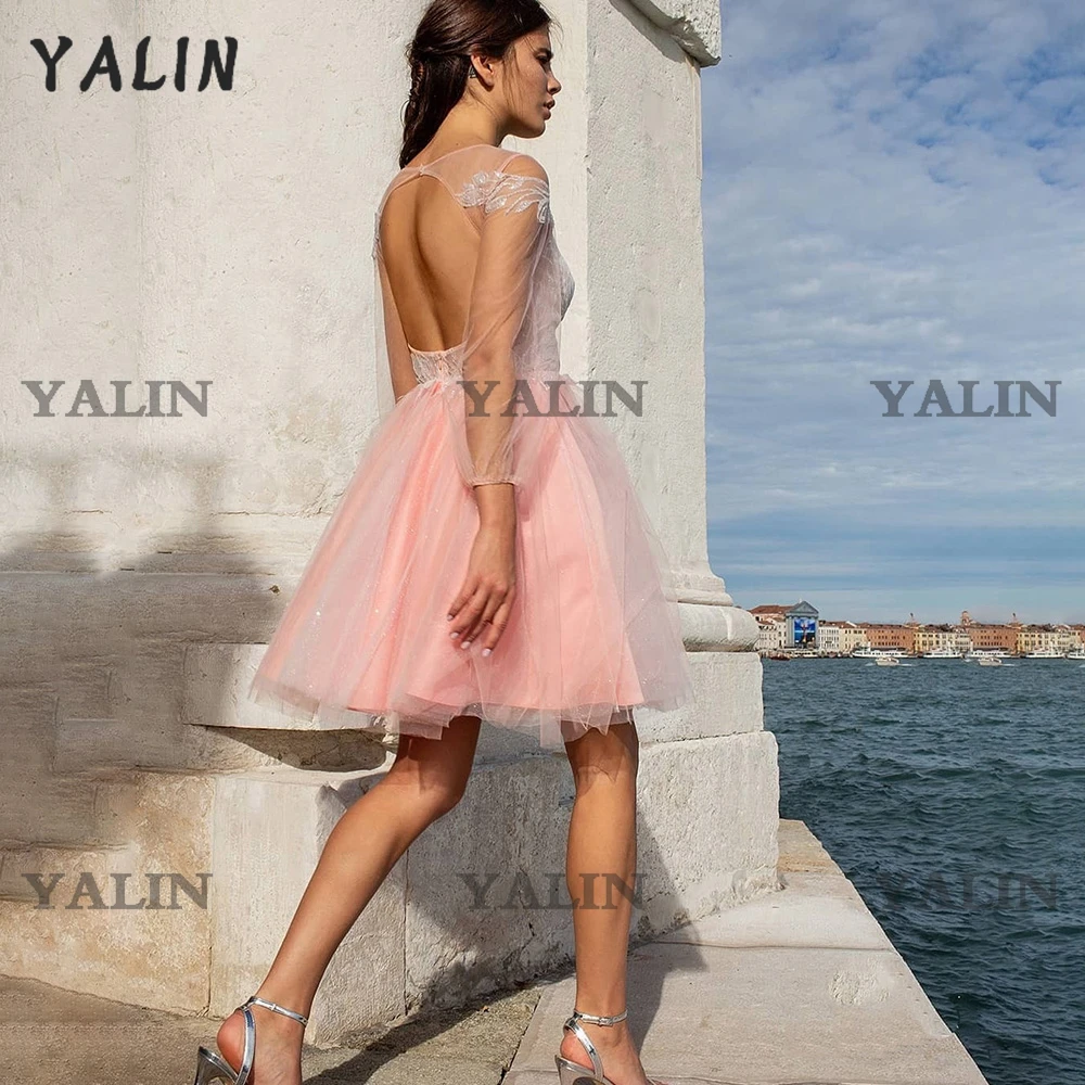 YALIN Pink Short Lace Homecoming Dresses Appliques Sheer Long Sleeves Open Back Formal Party Prom Girl Gown Robes De Cocktail