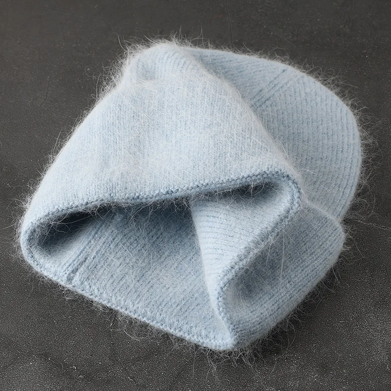 2024 Angora-Wintermütze für Damen, Kaninchenfell, flauschig, gestrickt, Mütze, Mütze, weiblich, weich, warm, SKI, Skullies, Mützen – Detail 25