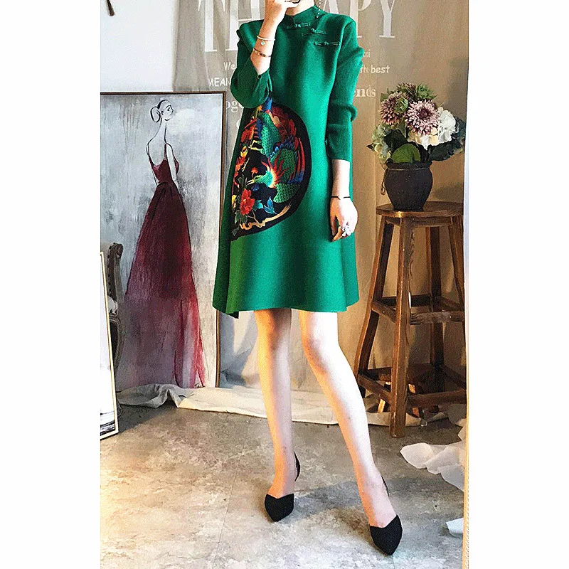 

2024 New Autumn Fashion Pleated Cheongsam Style Chinese Dress Women's Clothing, Printed High Collar Casual Full Sleeve OverSized