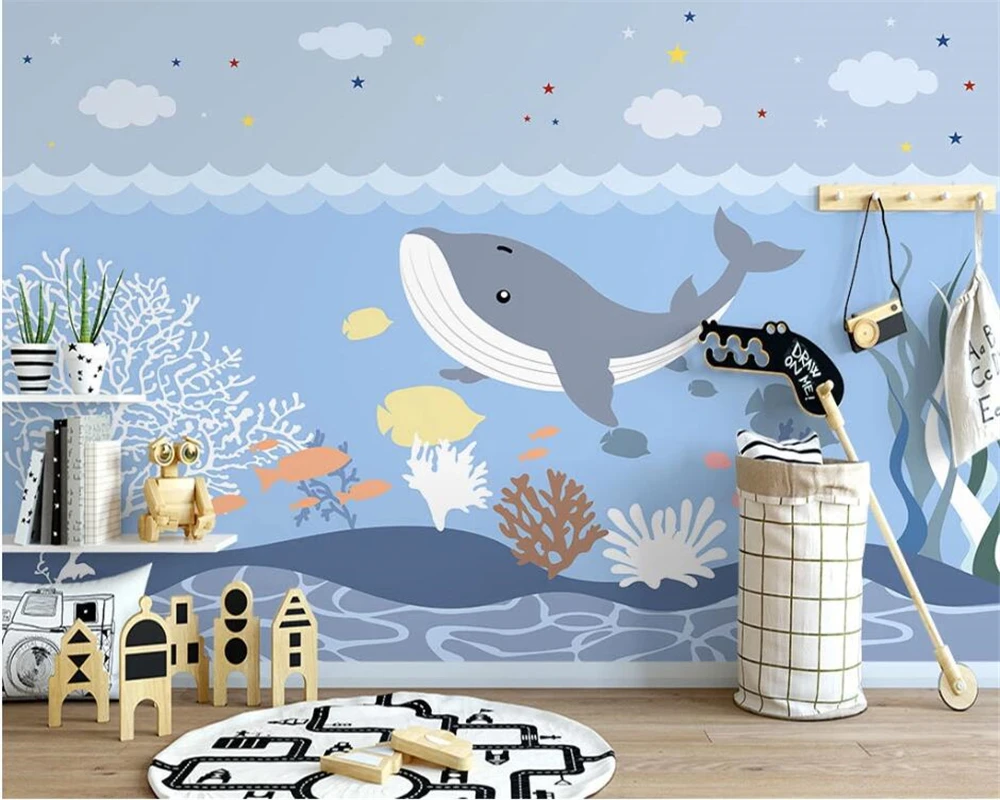 beibehang Custom modern nordic hand-painted blue cartoon whale children room background wallpaper wall papers home decor