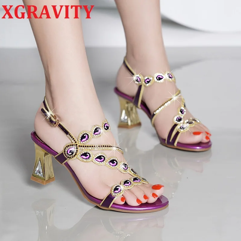 

XGRAVITY European American Ladies Fashion High Heel Summer Shoes Elegant Drop Rhinestone Sandals Chunky Ladies Shoes Women B298