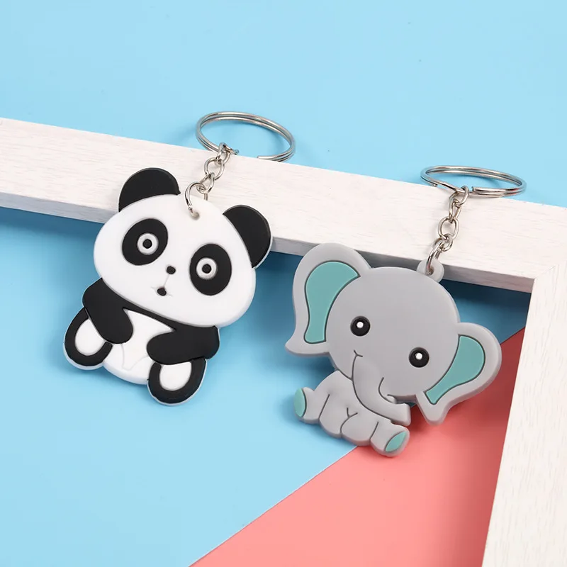 100Pcs Cartoon Elephant Panda PVC Keychain Women Man Key Ring Cute Silicone Key Holder Kids Toy Animal Keyring Car Bag Accessory