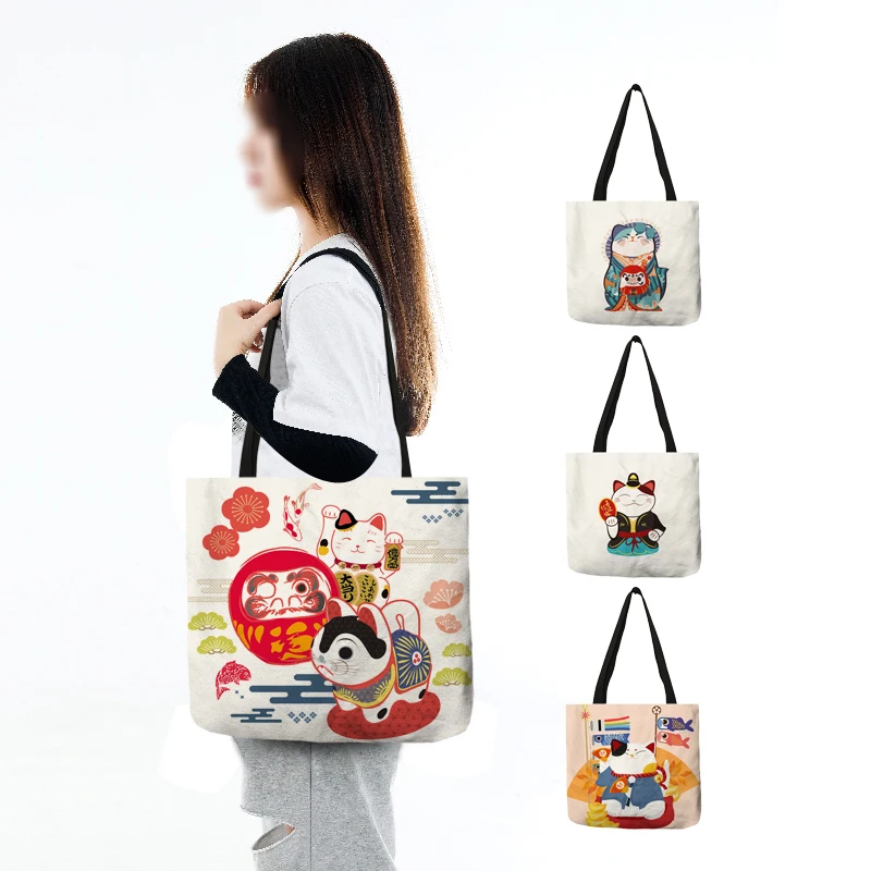 

Japanese Style Lucky Fortune Cat Design Handbags for Women 2021 Shopping Bag for Boutique Groceries Daily Shoulder Beach Bags