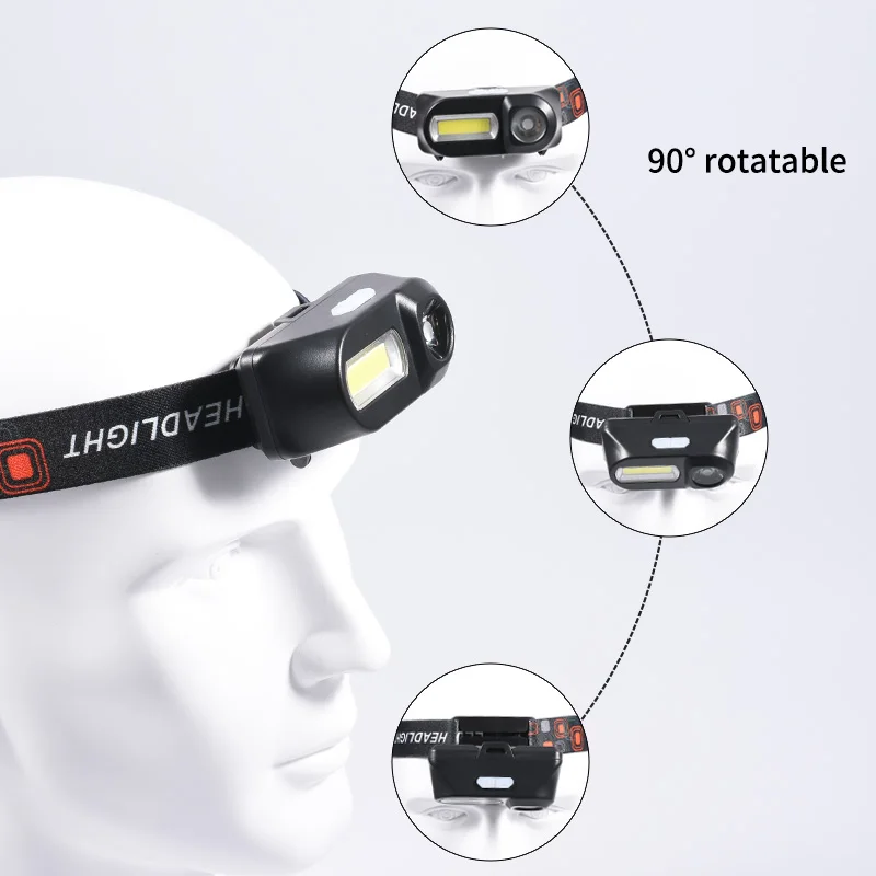 Coba Led Portable Headlamp COB Strobe Headlight 6 Modes 2 Switch USB Rechargeable 18650 Battery Portable Hiking Running