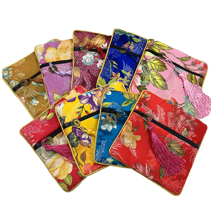 50pcs Bright Flower Chinese Silk Satin Jewelry Small Zip Bag Gift Packaging Christmas Coin Purse Guests Party Favors  Wholesale