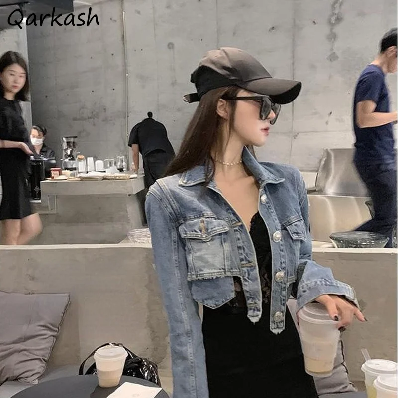 

Basic Jackets Women Vintage Denim Crop Outwear Korean Style Slim All-match High Waist Fashion Ripped Hole Irregular Streetwear