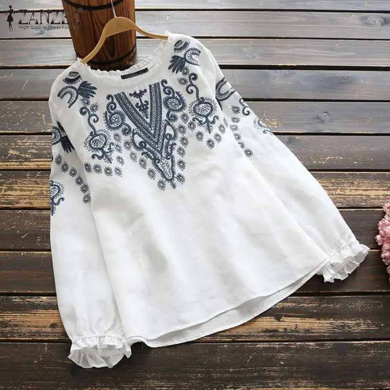 Fashion Ruffle Shirts Women\'s Embroidery Blouse 2023 ZANZEA Casual Long Sleeve Blusas Female O Neck Tunic Oversized Floral Tops