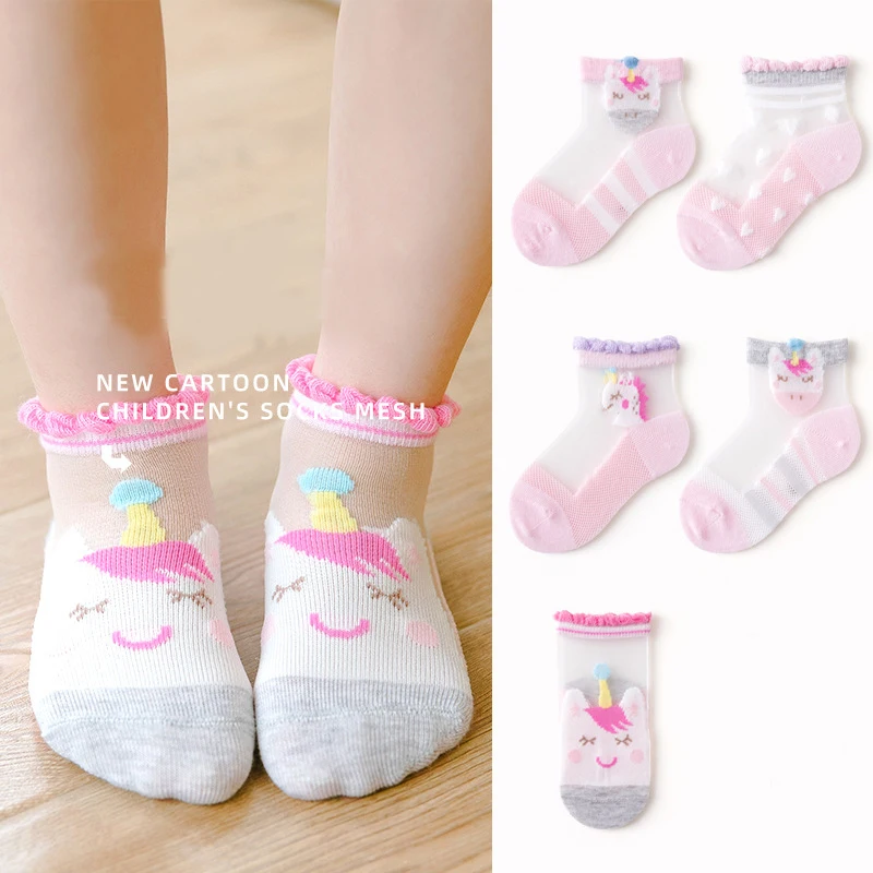 5 Pairs Lot Children Summer Short Socks With Animal Print Baby Toddler Girls Boys Cotton Mesh Cute Unicorn Happy Invisible Sock