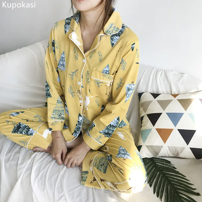 

Kupokasi Women 2 Pieces Pajamas Set Cotton Soft Plant Animal Printing Leisure Long Sleeve Trousers Spring Autumn Sleepwear