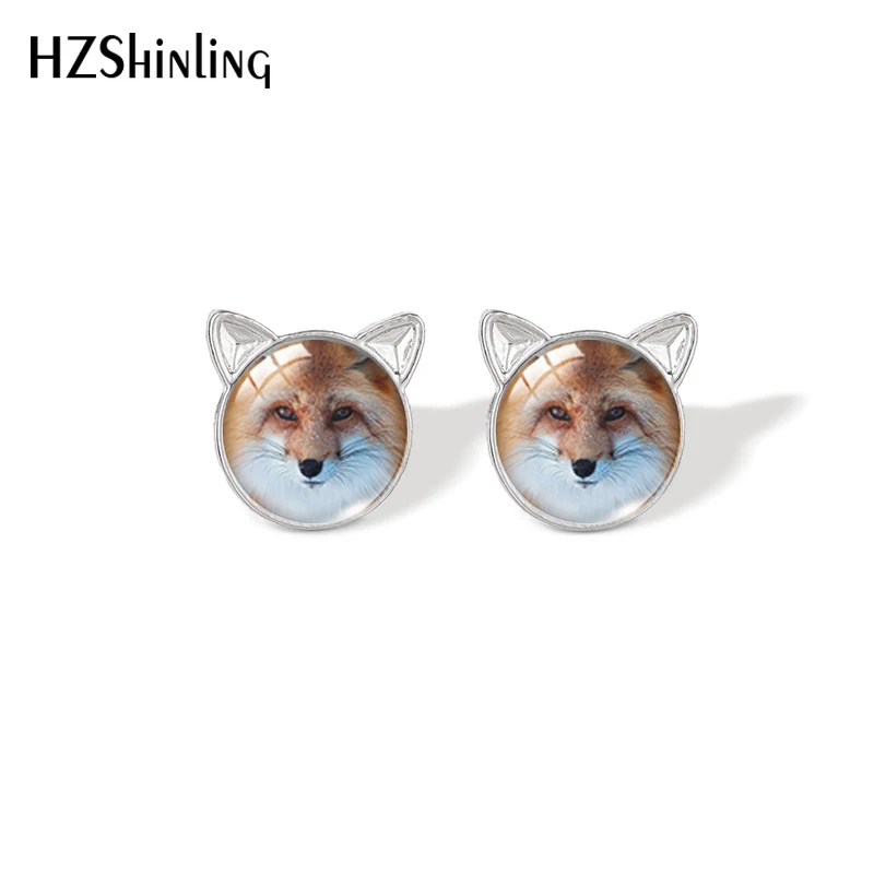 Red and White Fox Animal Pattern Cats Ear Style Glass Cabochon Stud Earrings Fashion Jewelry Earrings of Women