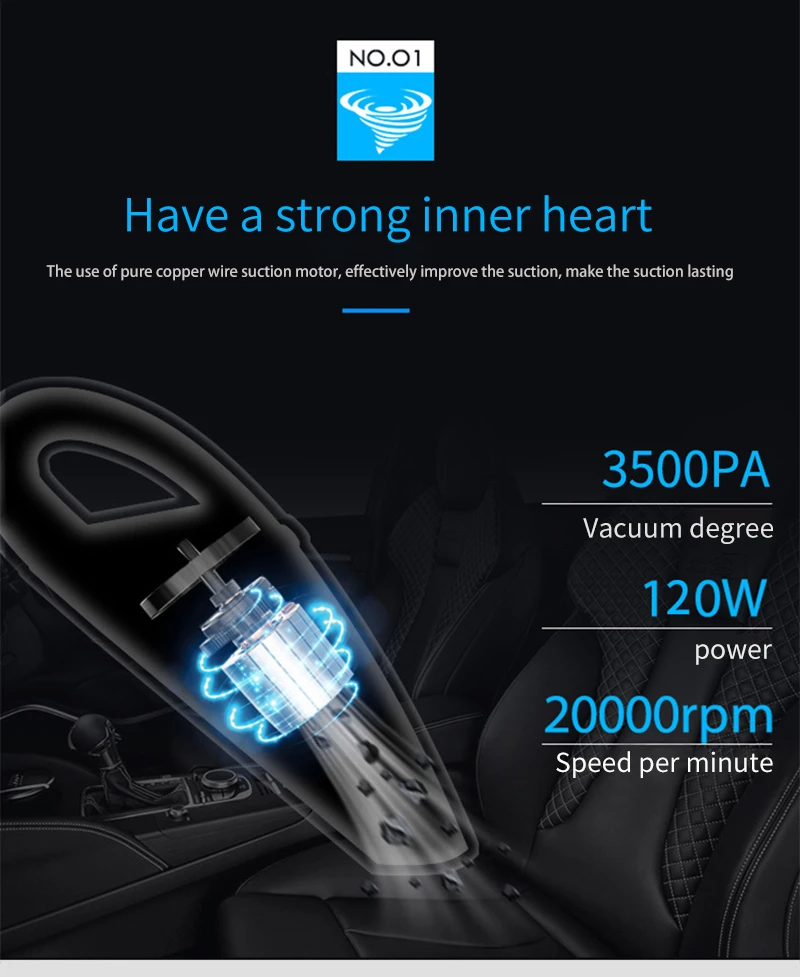 Aspirateur de voiture portable 12 V, 4800 W, 120 Pa, avec sac à main, support cyclonique/sec, 4,8 KPA, 2