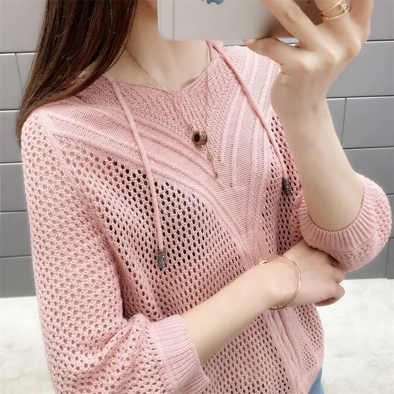 

Hooded Knitted Thin Hollow Blouse Female Spring Wear New Style Loose Bat Shirt Blouse Fashion in