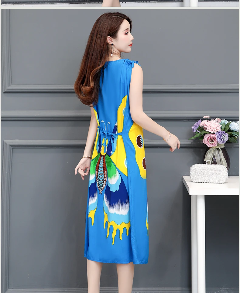 2020 Women Summer Printed Cotton Silk Dress New Large Size Sleeveless Vest Dress Comfortable Female Nightdress Home Service J413