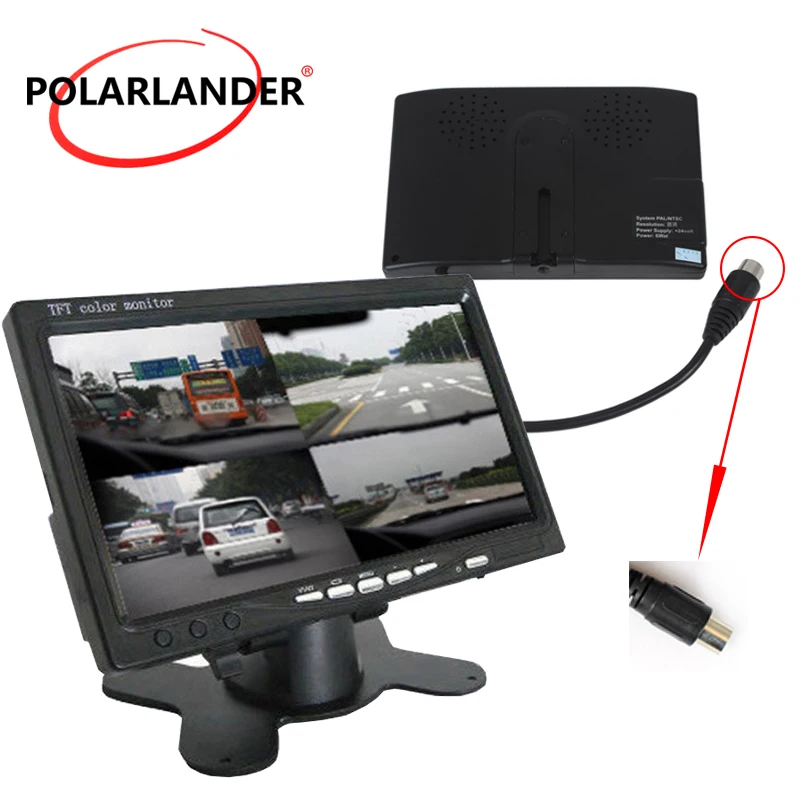 Car Video Monitor For Front Rear Side View Camera Quad Split Screen 6 Mode Display PolarLander DC12V-24V 7\