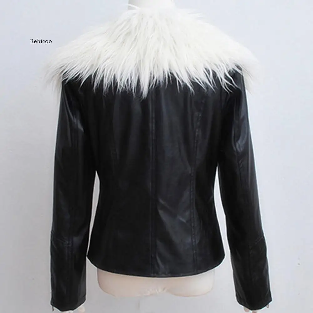 Winter Fur Neck Jacket Long Sleeve Elegant Slim Women Leather Jacket Female Clothing  Coat