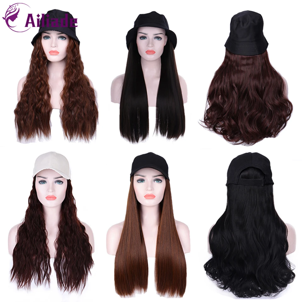 AILIADE Synthetic Long Straight Wavy Wigs with Beret Hat Navy Hat Knitted Hat Fashion Autumn Winter Cap Hair Wig Hair Extensions