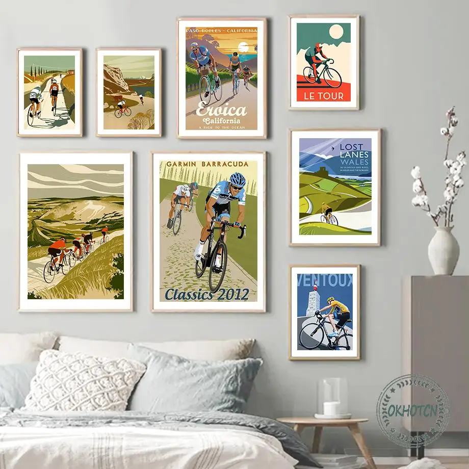 Outdoor Sports Cycling Bike Race Tour Canvas Painting Nordic Vintage Cartoon Posters and Prints Wall Art Pictures Room Decor