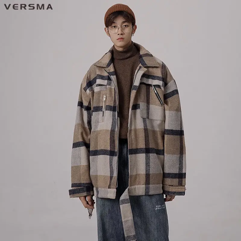 

VERSMA Korean Ulzzang Lamb Wool Winter Jacket Coat Men Plaid Retro Thick Warm Cotton Couple Teen Jacket Men Parka Youth Clothes