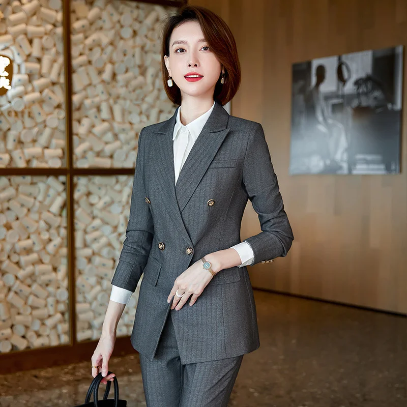 High Quality Fabric Formal Professional Ladies Office Work Wear Autumn Winter OL Styles Pantsuits Elegant Striped Blazers Set