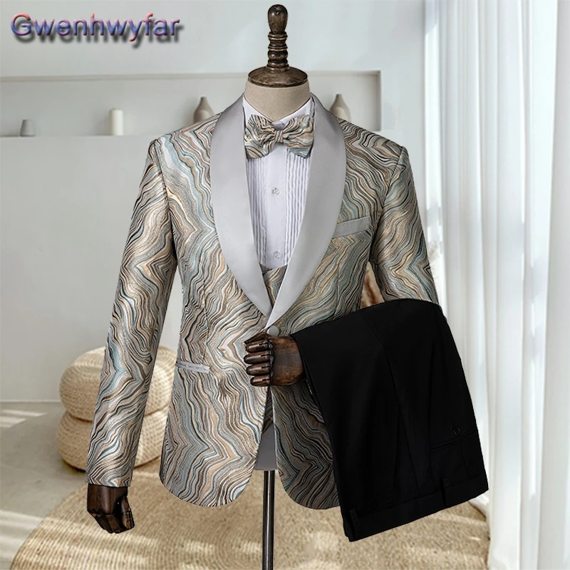 Gwenhwyfar Men Tuxedo Slim Fit Fashion Suit Wedding Shawl Lapel 3 Pieces Casual Single Breasted Jacket Party Prom Singer Costume