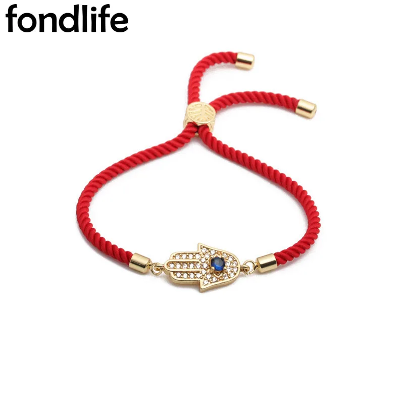 Sparkling Cubic Zirconia Crystal Blue Evil Eye Hamsa Hand Charm Bracelet Women Red Cord Good CZ Luck Protect Adjustable Jewelry