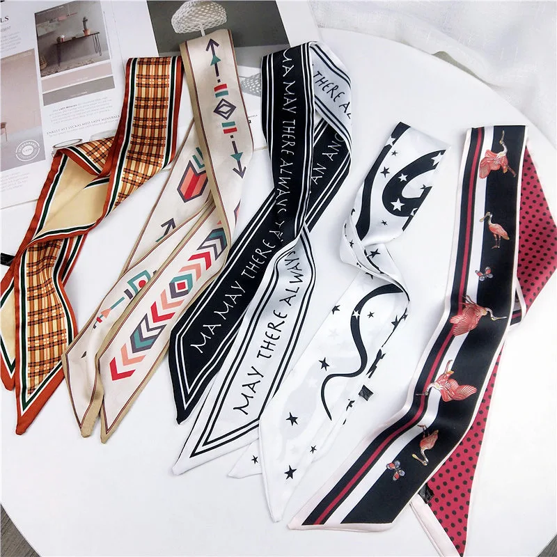 2019 Satin DIY Print Small Scarf Women Riband Handle Bags Scarf Narrow Long Wrist Small Ribbon Fashion Hair Band Scarves & Wraps