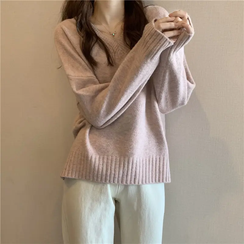 Fashion V-neck Sweaters Women Pullovers Autumn Warm Solid Basic Daily Loose Elegant Jumpers Sweet Stylish Popular All-match Chic