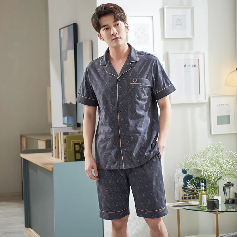 Pajama Sets Men Turn-down Collar Cotton Short Sleeve Elastic Waist Button Fashion Rhombus Plaid Sleepwear Male Casual Tracksuit