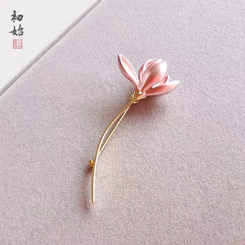 Wuli&baby Copper Hot Pink Magnolia Flower Lotus Enamel Brooches Top Polished Women Bouquet Wedding Brooch Pins