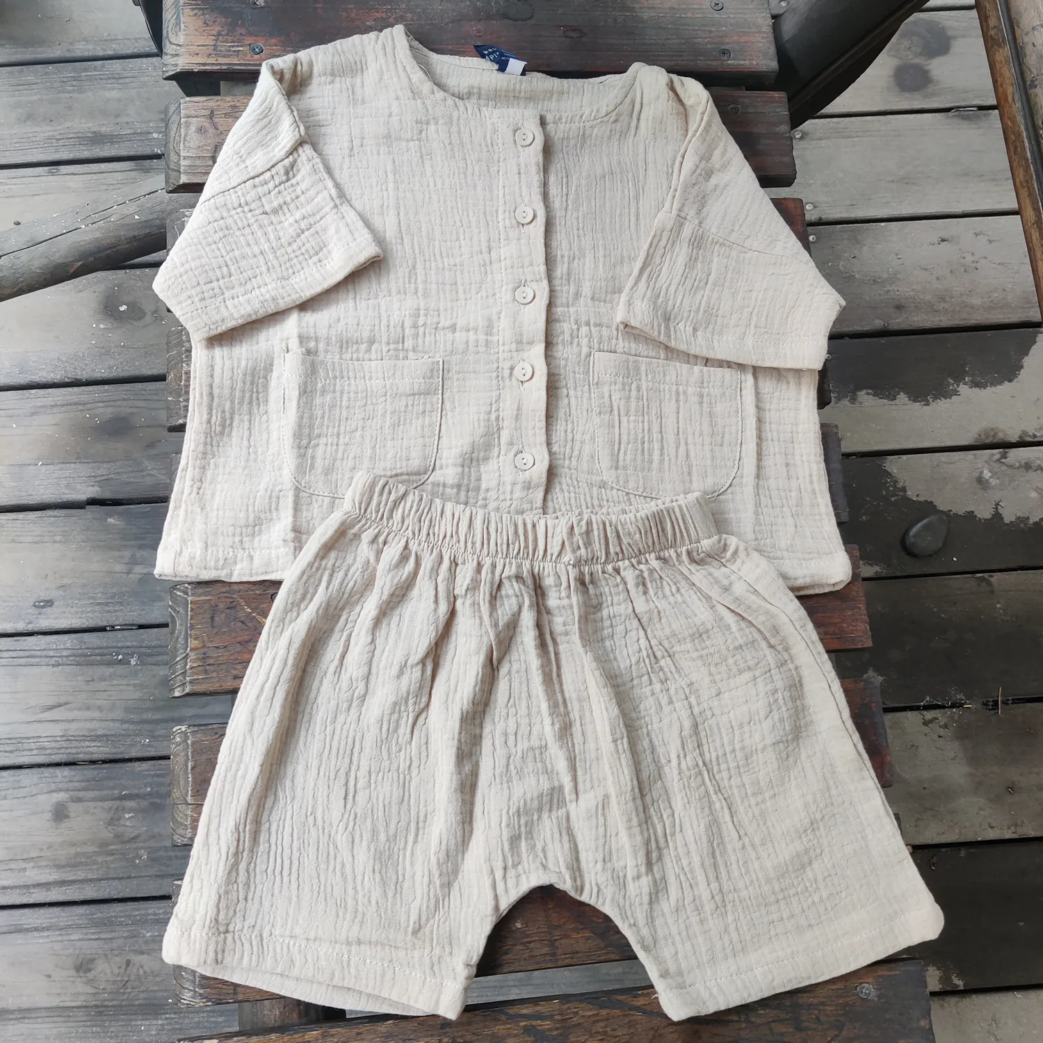 Children Clothing Kids Clothes 2pcs Pocket Blouse+Linen Shorts Girls Toddler Boys  Baby Summer Casual Sets Button Tops Korean