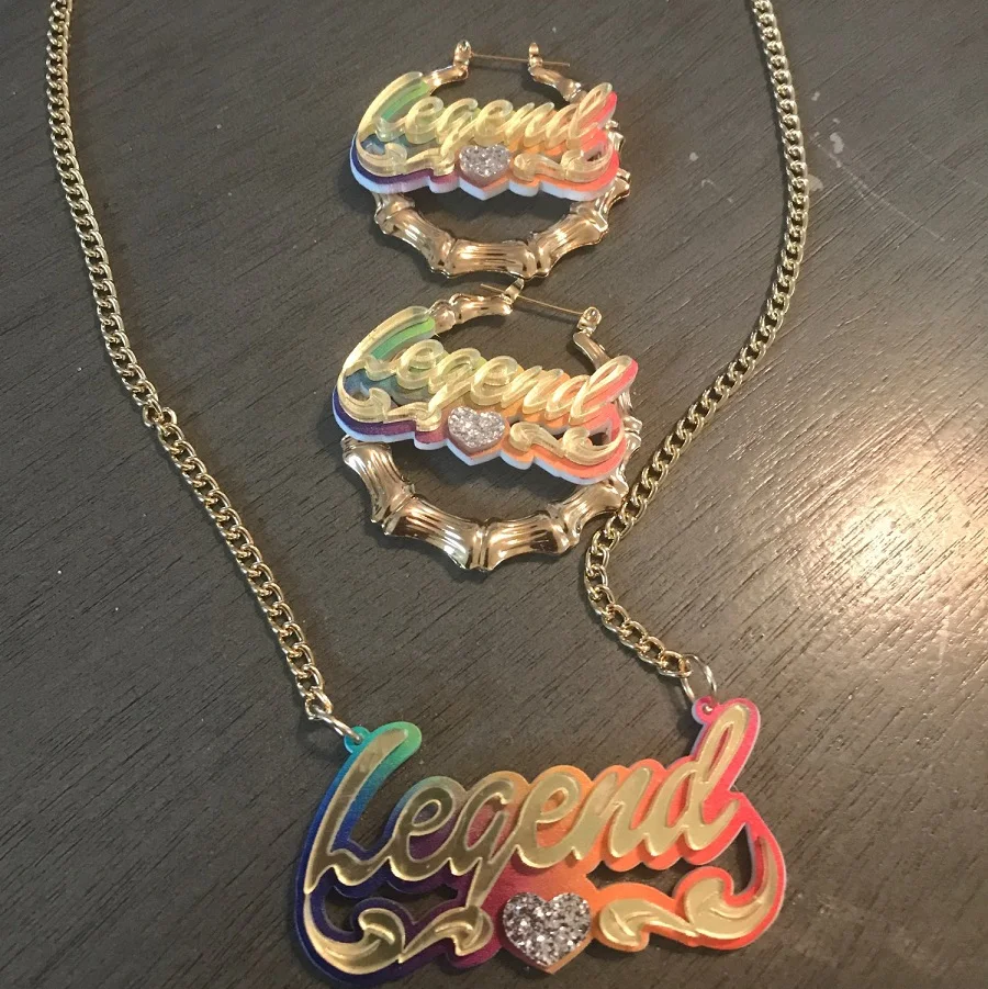 Personality Custom Name Acrylic Bamboo Earrings Name Necklace Cartoon Rainbow Name Women Jewelry Baby Gifts Set Custom Earrings