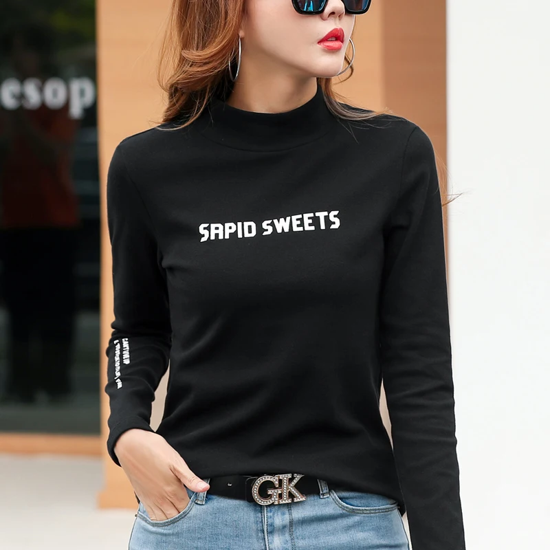 New Women T-shirt Long Sleeve Cotton T Shirt Winter Tops Tees Letter Print Fashion Female Tshirt Casual Pullovers Black White