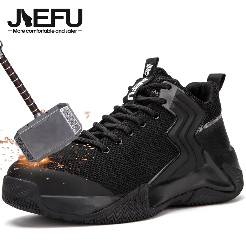 

JIEFU Men's Safety Shoes Lightweight Breathable Non-slip Shock Absorbing Steel Toe Work Boots Comfortable Construction Sneakers