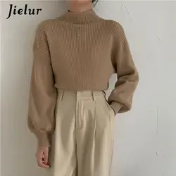 Jielur Lantern Sleeve Sweater Women Turtleneck Office Lady Pure Color Knitted Pullover Loose White Khaki Sweaters for Women