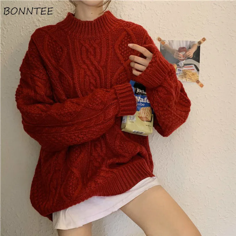 Pullovers Women Harajuku New Korean Solid Chic Spring Autumn Vintage Femme Sweaters Lady  Soft All-match O-Neck Jumpers