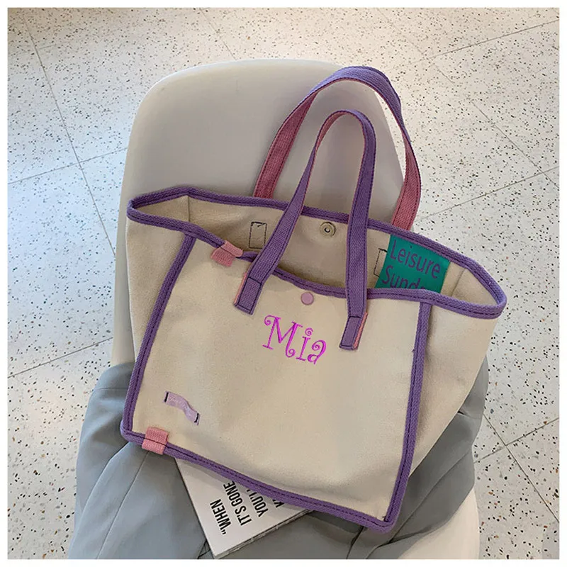 Borsa da donna personalizzata in tela a contrasto di moda borsa da donna ricamo personalizzato tela Shopping borsa a tracolla Logo regalo