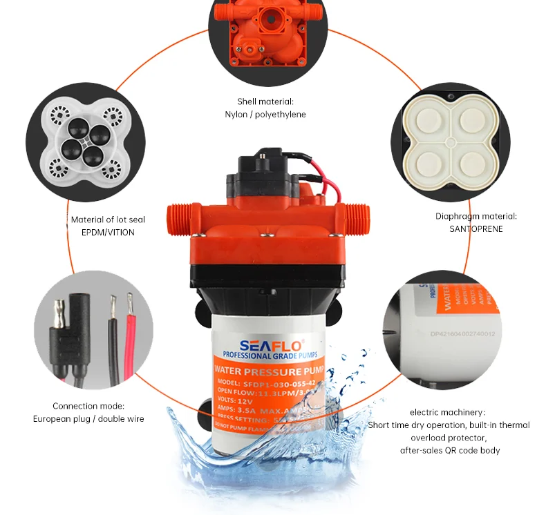 SEAFLO 42 Series Diaphragm Water Pump 3.0GPM 55PSI 12 Volts Electric Yacht Boat Marine RV Caravan High Pressure Supply 4 Chamber