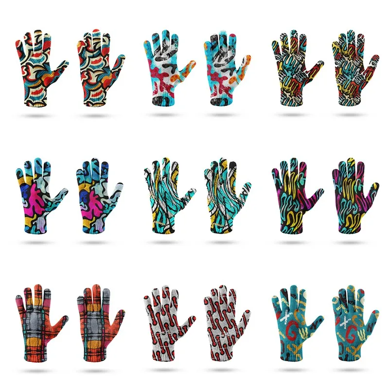 Women's Winter Touch Screen Gloves 3D Printing Graffiti Patterns Knitted Gloves Imitation Wool Full Finger Outdoor Skiing Gloves