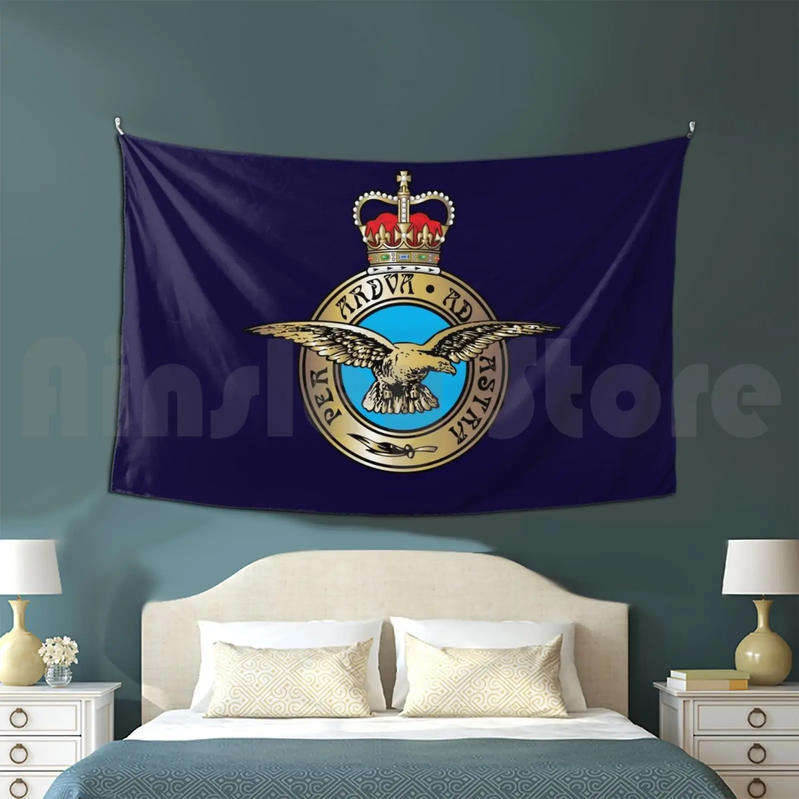 Royal Air Force Badge. On Navy. Tapestry Living Room Bedroom Forces Army Navy Raf Veteran Veterans Emblem Military War