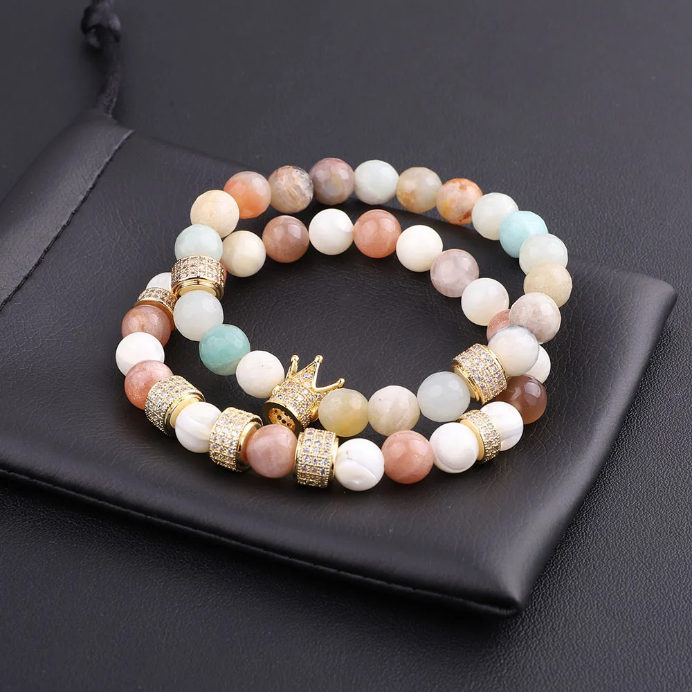 JARAVVI High Quality New Design Natural Stone Beads Luxury CZ Pave Crown Elastic Bracelet Women Jewelry Gift