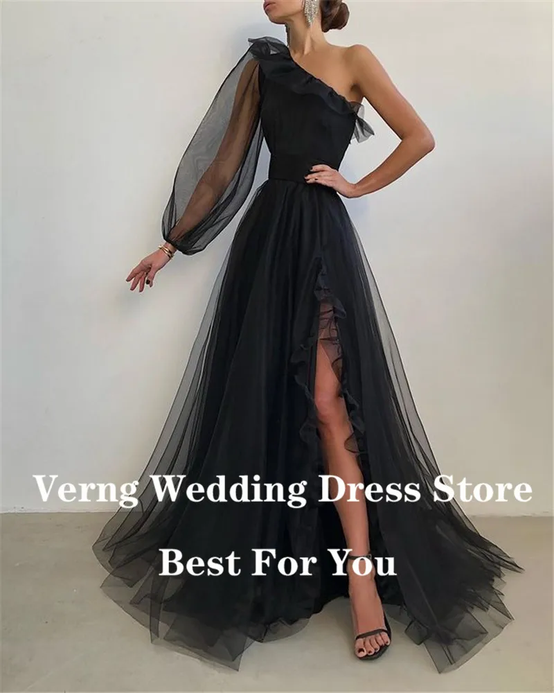 Verngo Elegante Dusty Roze Tulle Lange Prom Dresses Een Schouder Mouwen Ruches Een Lijn Avondjurken Vrouwen Speciale Gelegenheid Jurk