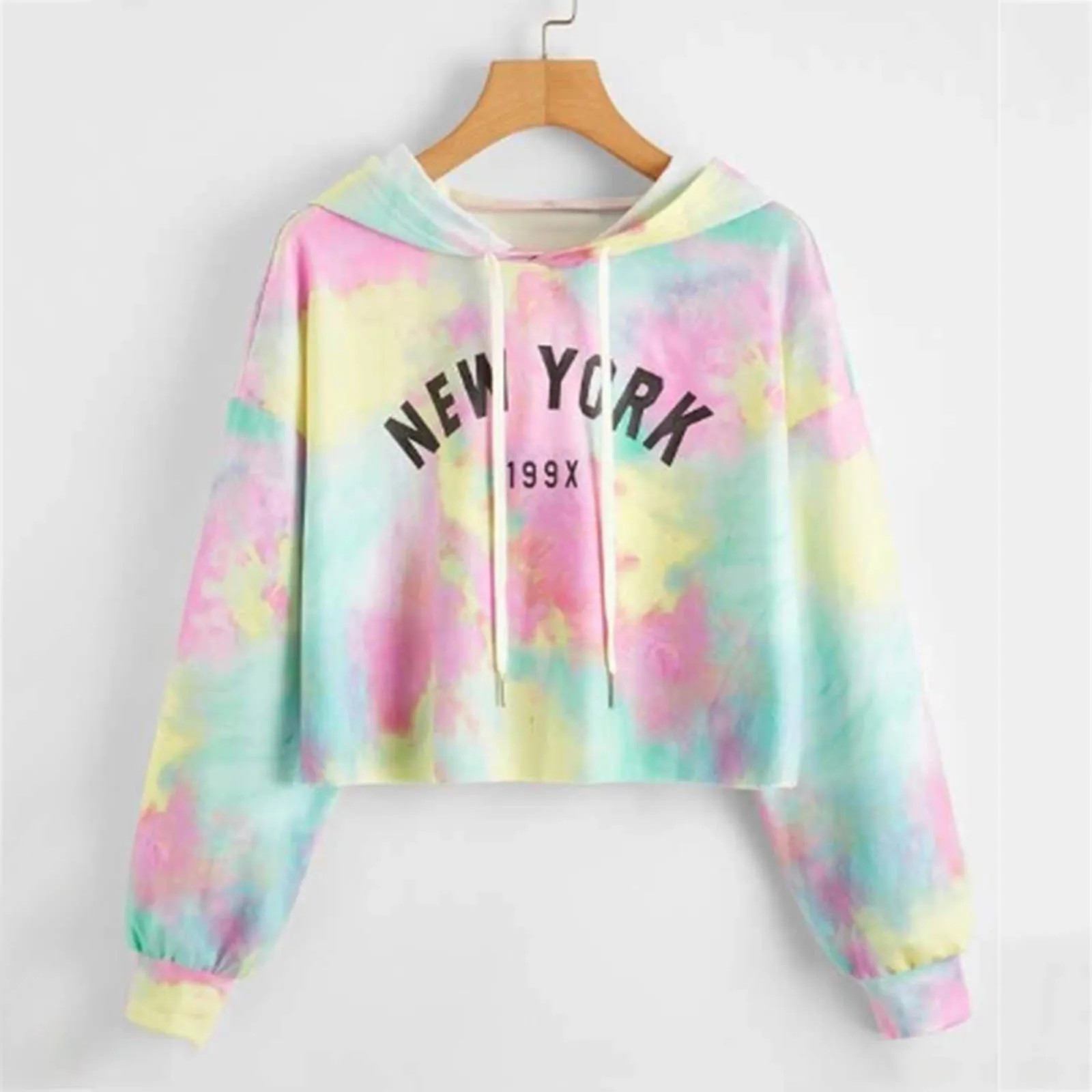 Women Long Sleeve Crop Hooded Tie-Dye Print Sweatshirt Crop Top Hoodies Pullover Top Blouse Harajuku Hoodie Streetwear Women Top